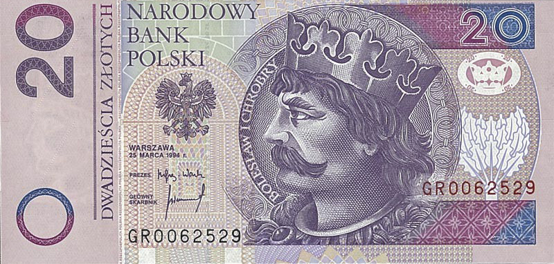 Anverso del billete de 20 zlotys (Polonia)