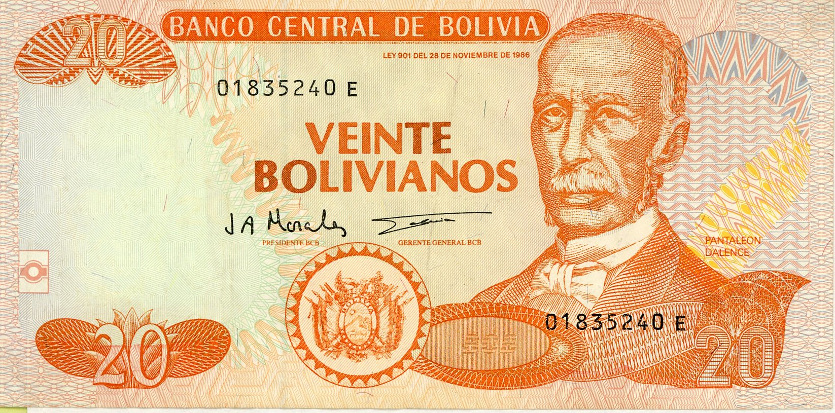 Anverso del billete de 20 bolivianos (Bolivia)