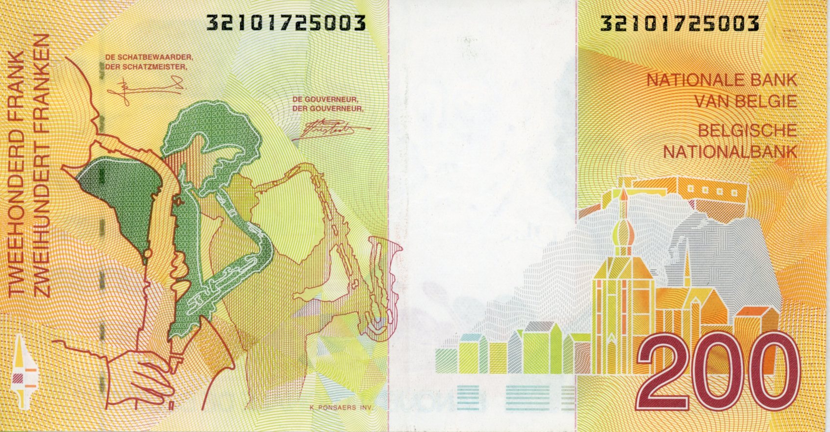 Reverso del billete de 200 francos belgas (Bélgica)
