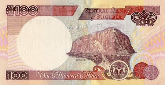 Reverso del billete de 100 nairas (Nigeria)