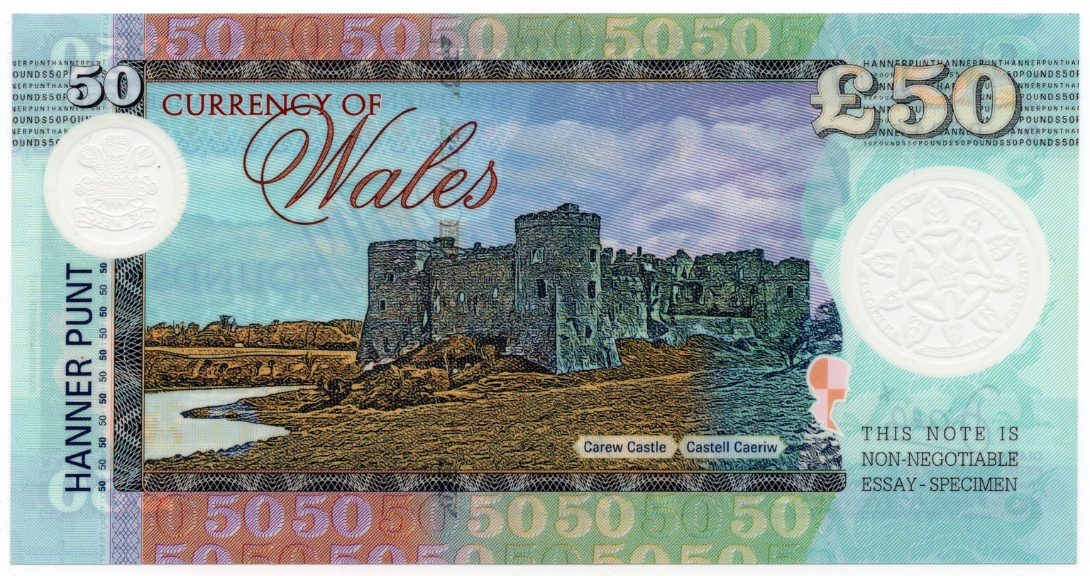 Reverso del billete de Ensayo conmemorativo de £50 (sin curso legal) (Reino Unido · Gales)