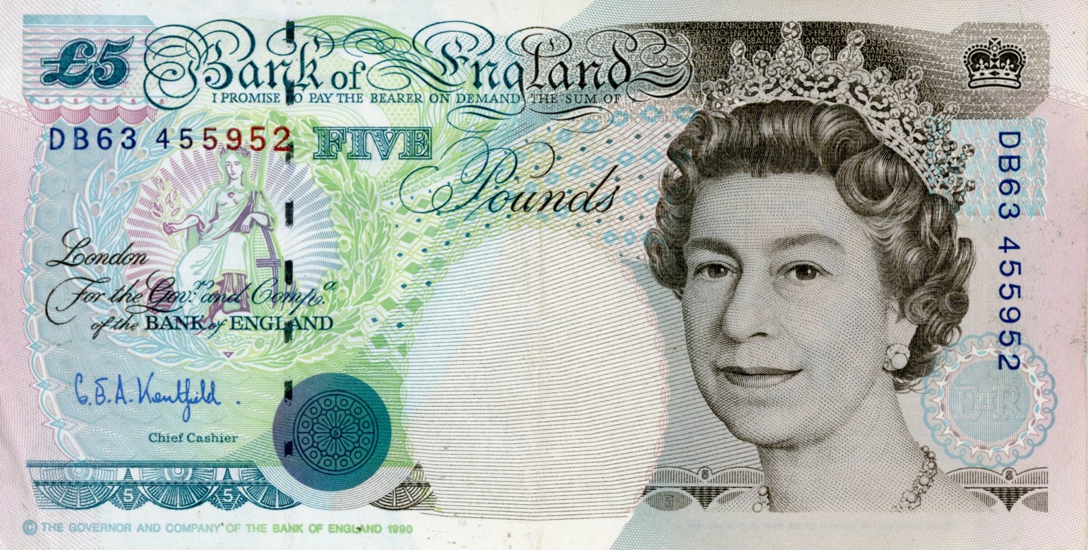 Anverso del billete de 5 libras del Bank of England (Reino Unido · Inglaterra)