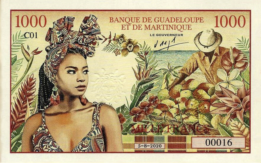 Anverso del billete de Ensayo artístico privado de 1.000 francos (no oficial, sin curso legal) (Martinica)