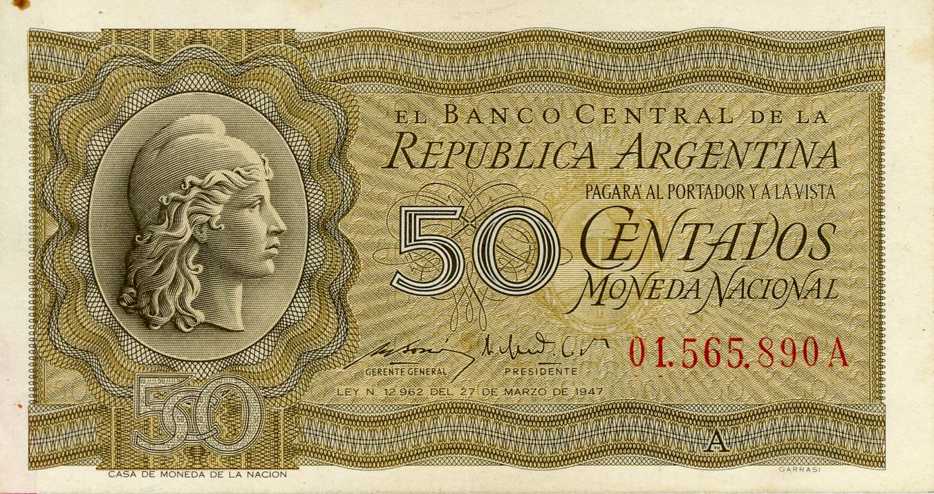 Anverso del billete de 50 centavos moneda nacional (Argentina)