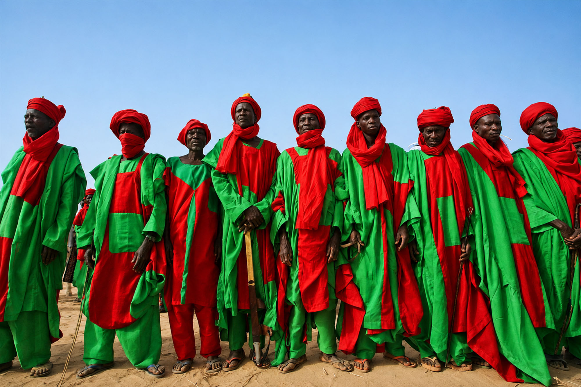 Fila de hombres con túnicas rojas y verdes y turbantes rojos sobre la arena en Sokoto durante la Travesía Nigeriana