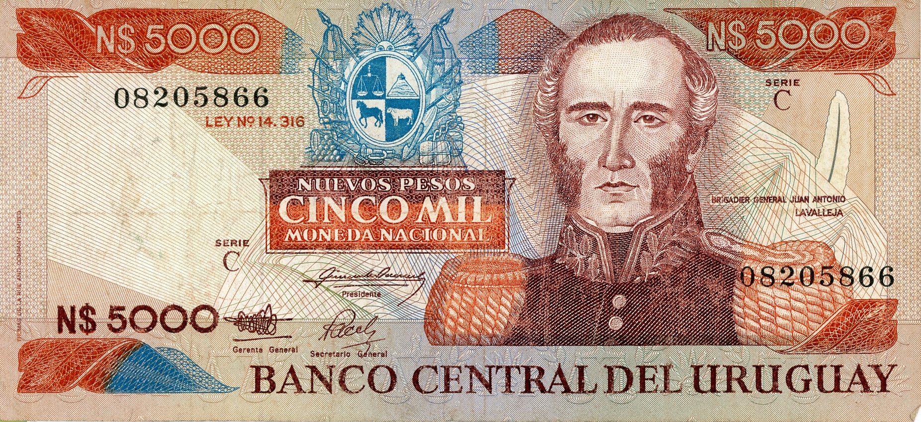 Anverso del billete de N$ 5.000 nuevos pesos (Uruguay)