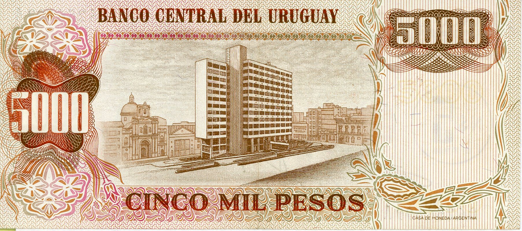 Reverso del billete de N$ 5 nuevos pesos (Uruguay)
