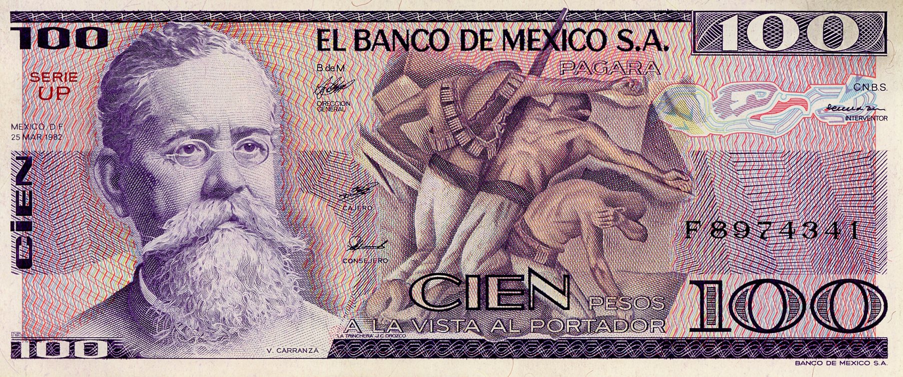 Anverso del billete de 100 pesos antiguos (México)