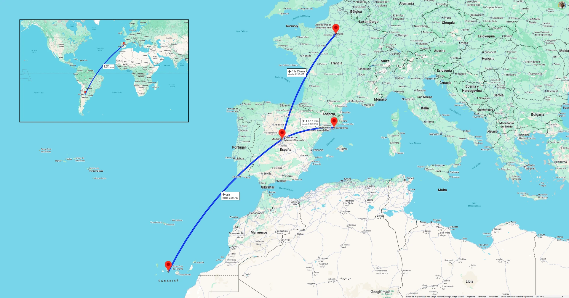 Mapa del trayecto desde París hacia Barcelona, Madrid y Santa Cruz de Tenerife en las Islas Canarias