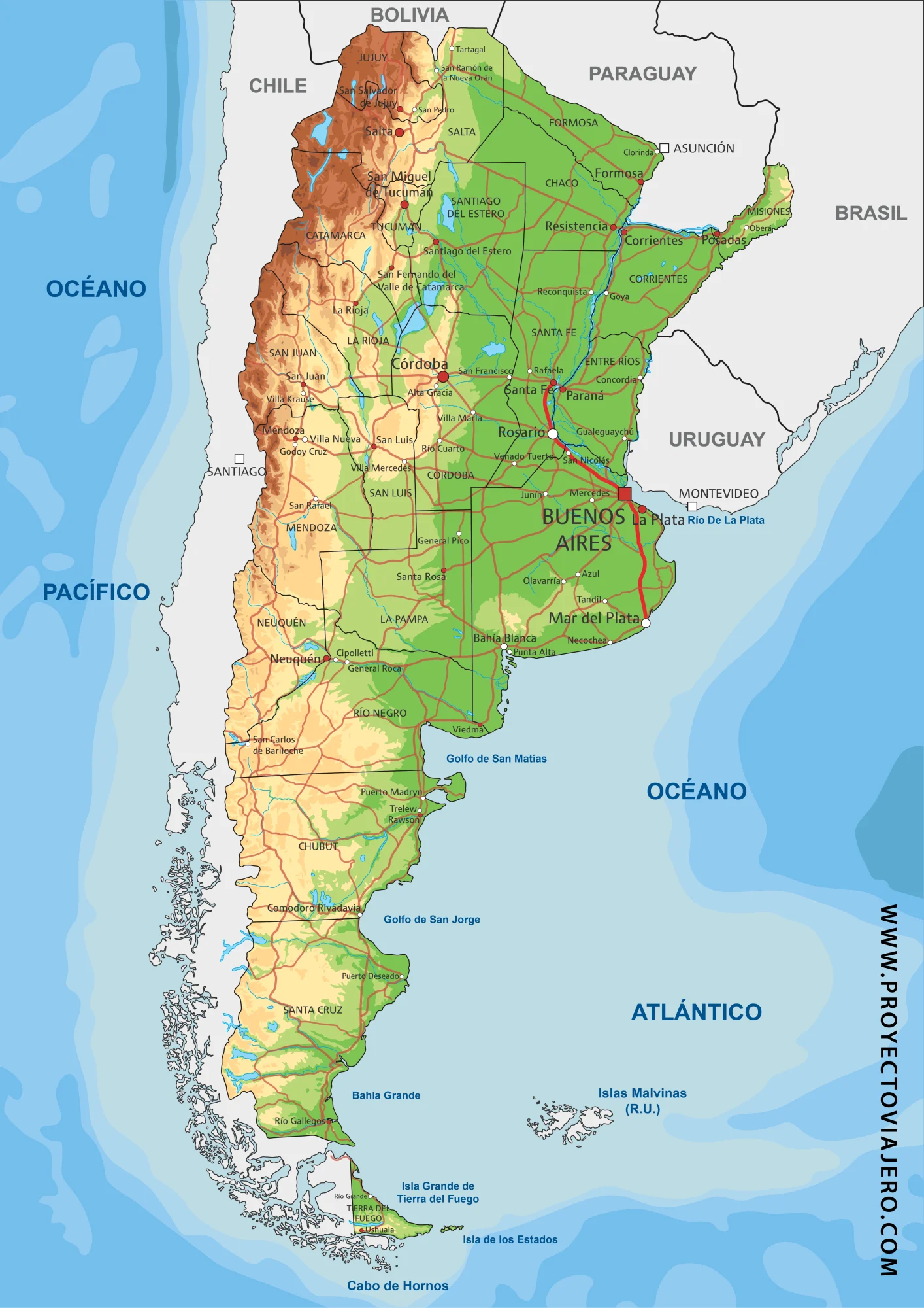 Mapa físico y político de Argentina con provincias y ciudades