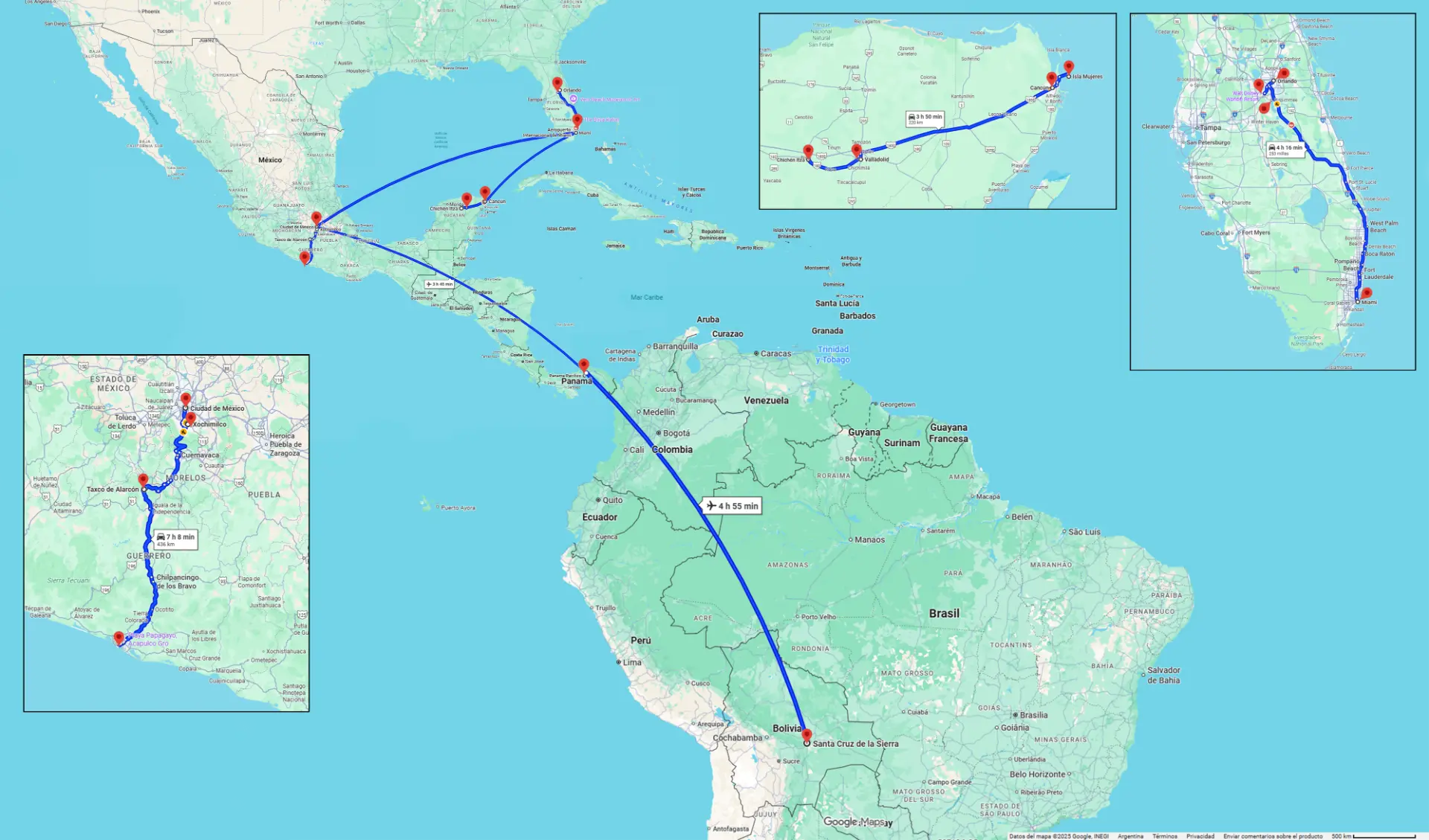 Mapa del recorrido por México, Yucatán, Florida, Panamá y Bolivia con rutas terrestres y aéreas