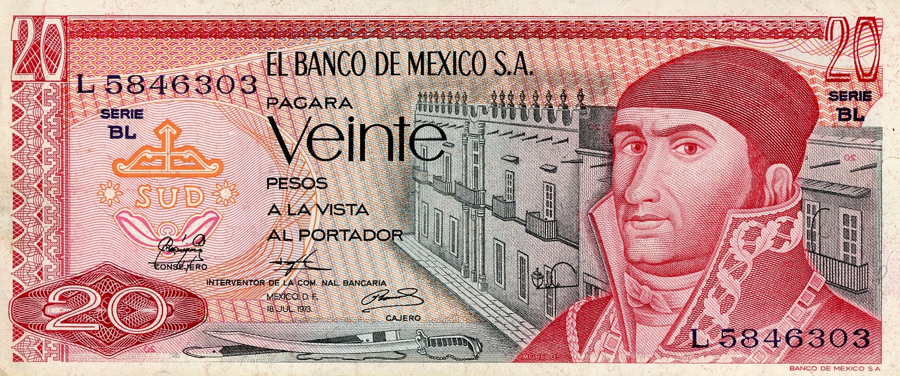 Anverso del billete de 20 pesos antiguos (México)