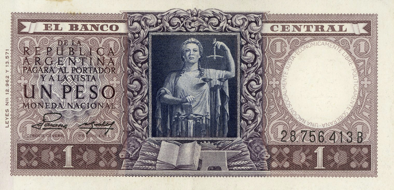 Anverso del billete de 1 peso moneda nacional (Argentina)
