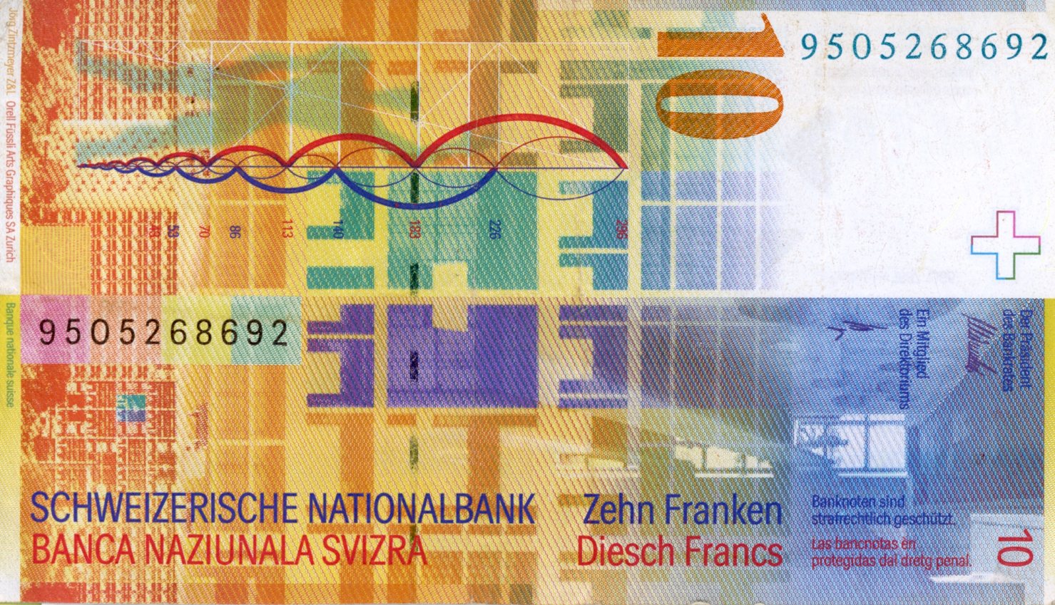 Reverso del billete de 10 francos suizos (octava serie) (Suiza)