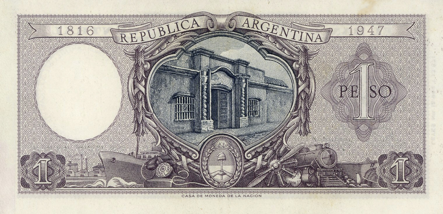 Reverso del billete de 1 peso moneda nacional (Argentina)