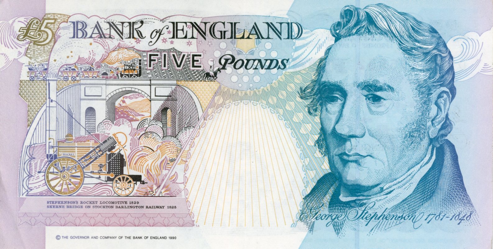 Reverso del billete de 5 libras del Bank of England (Reino Unido · Inglaterra)