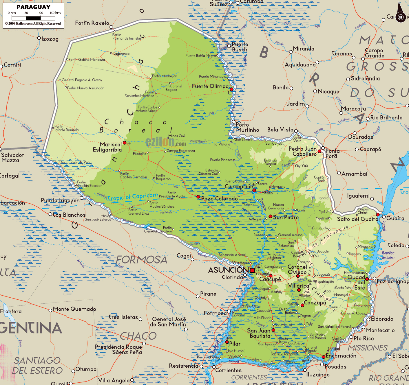 Mapa de Paraguay con sus ciudades principales