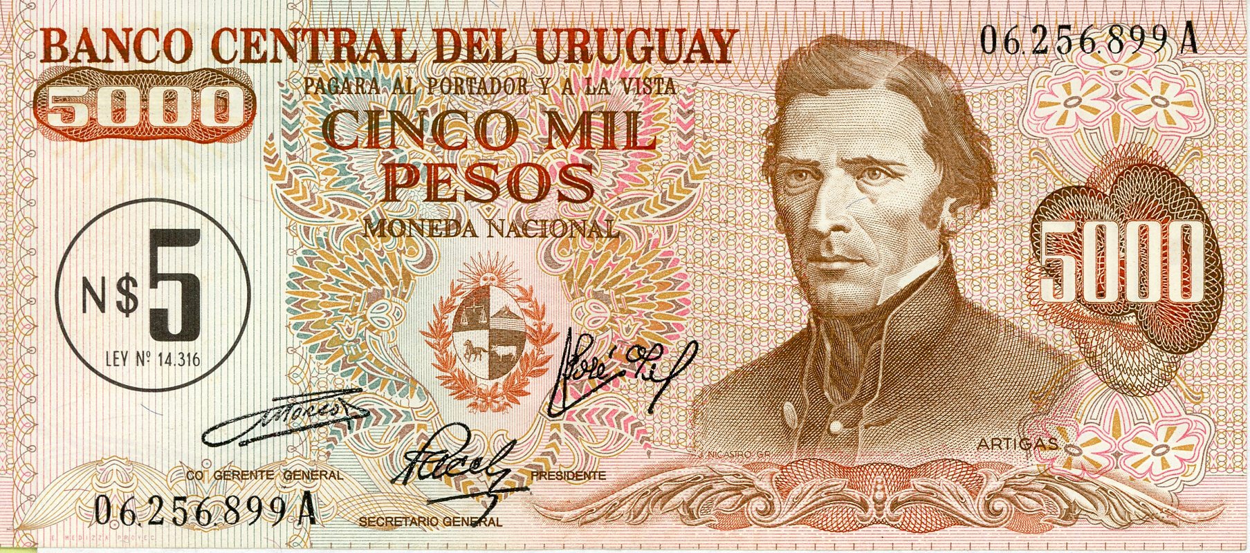 Anverso del billete de N$ 5 nuevos pesos (Uruguay)