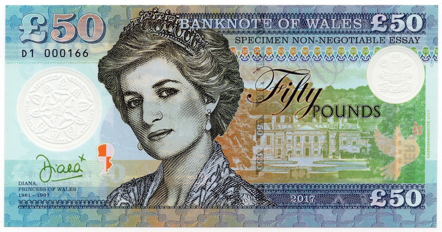 Anverso del billete de Ensayo conmemorativo de £50 (sin curso legal) (Reino Unido · Gales)