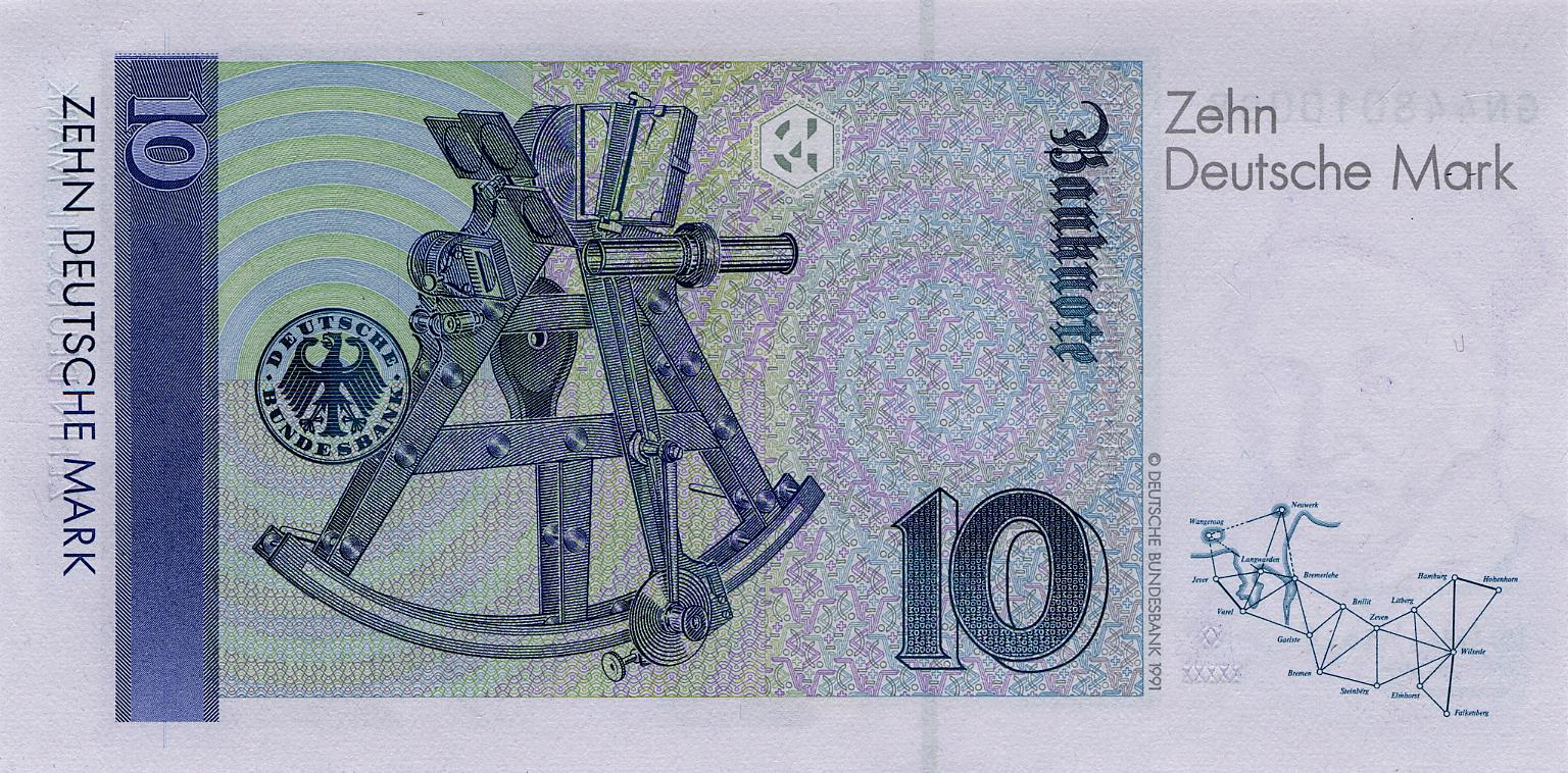 Reverso del billete de 10 marcos alemanes (Alemania)