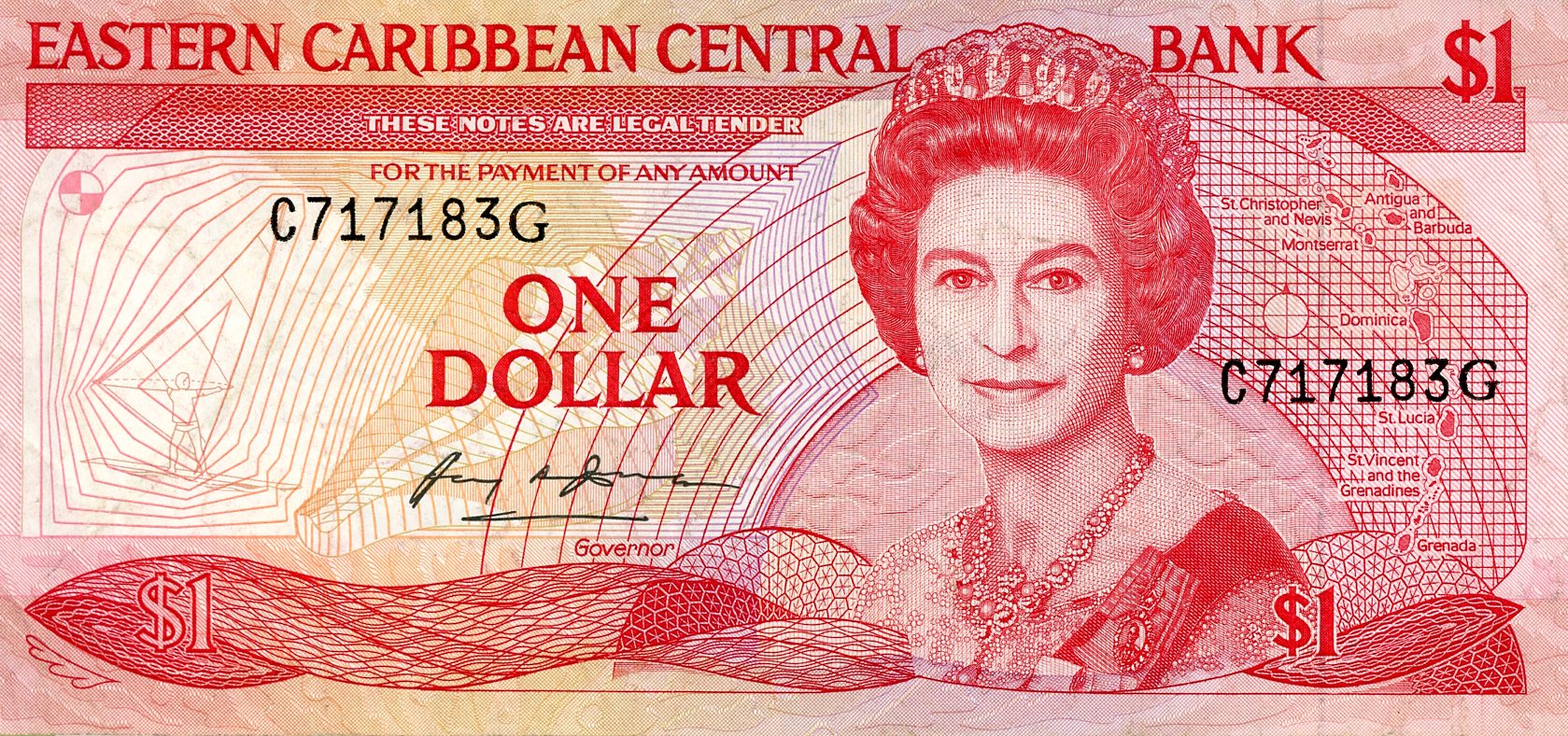 Anverso del billete de 1 dólar del Caribe Oriental (Grenada)