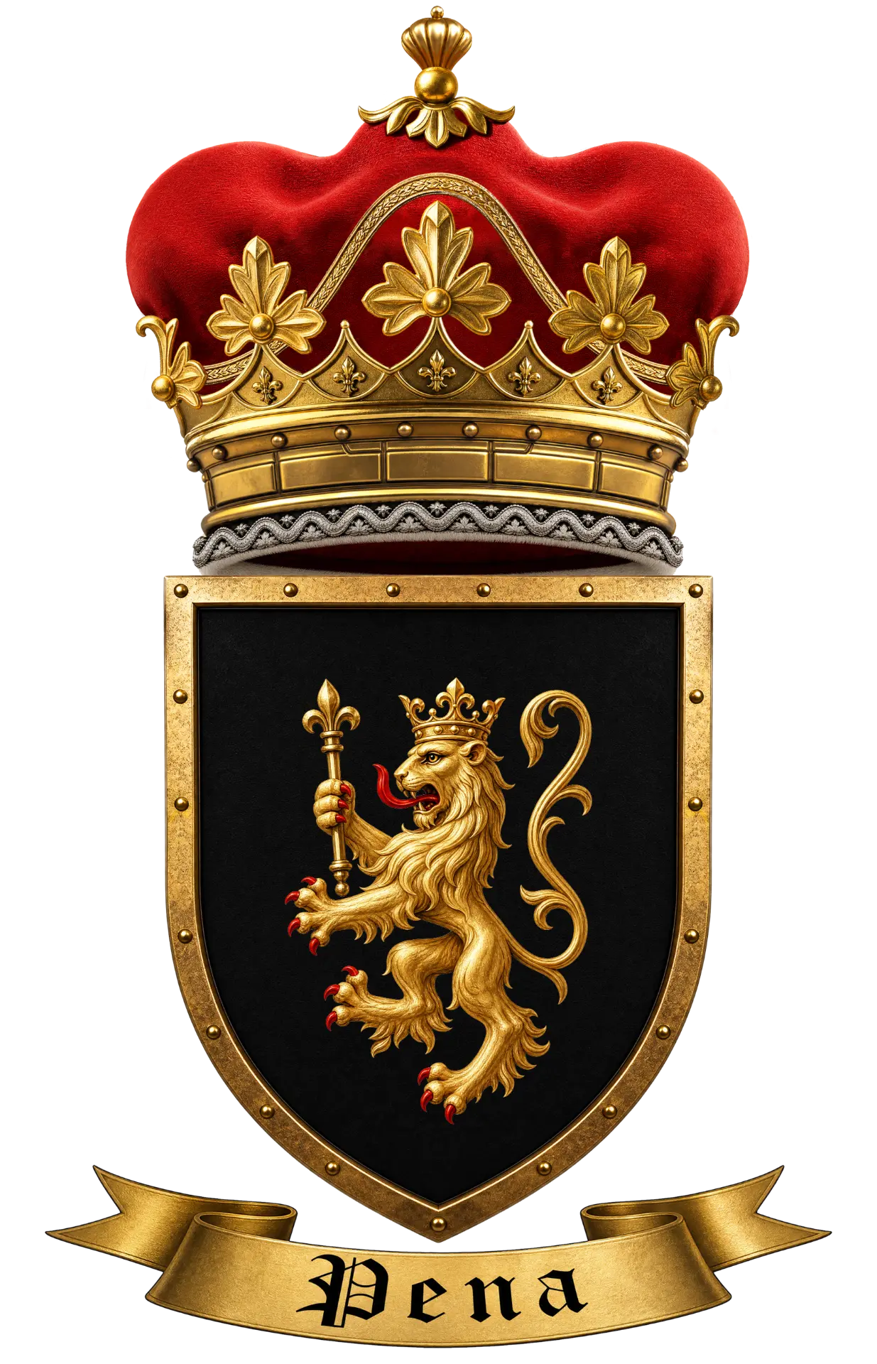 Escudo familiar de la Casa Pena: león rampante coronado de oro en campo de sable