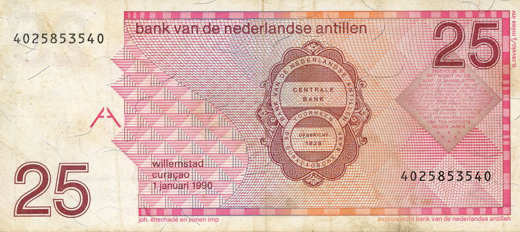 Reverso del billete de 25 florines de las Antillas Neerlandesas (Curazao)