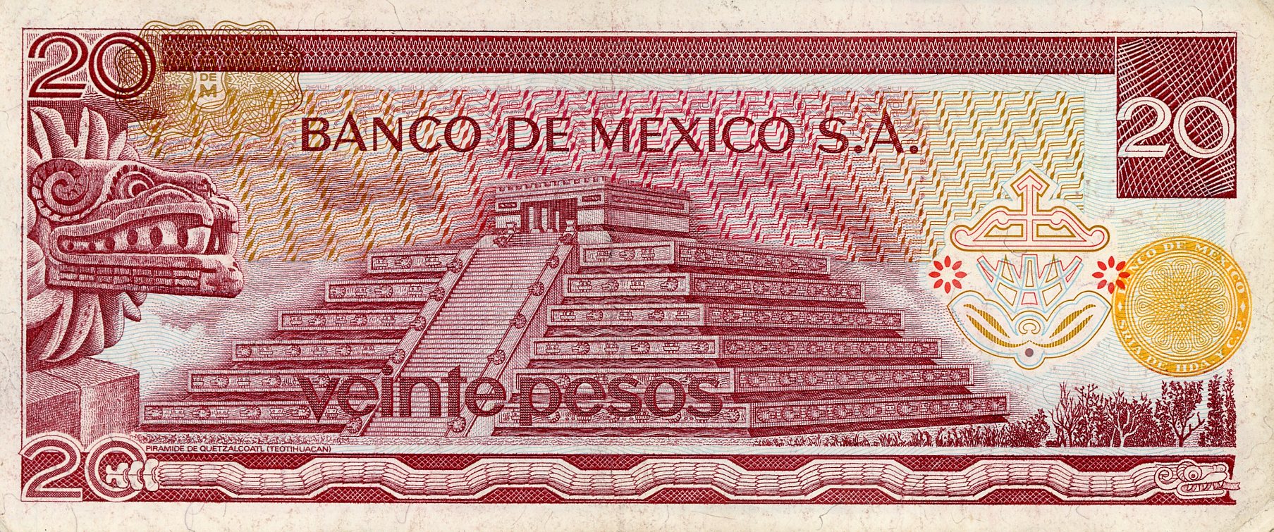 Reverso del billete de 20 pesos antiguos (México)