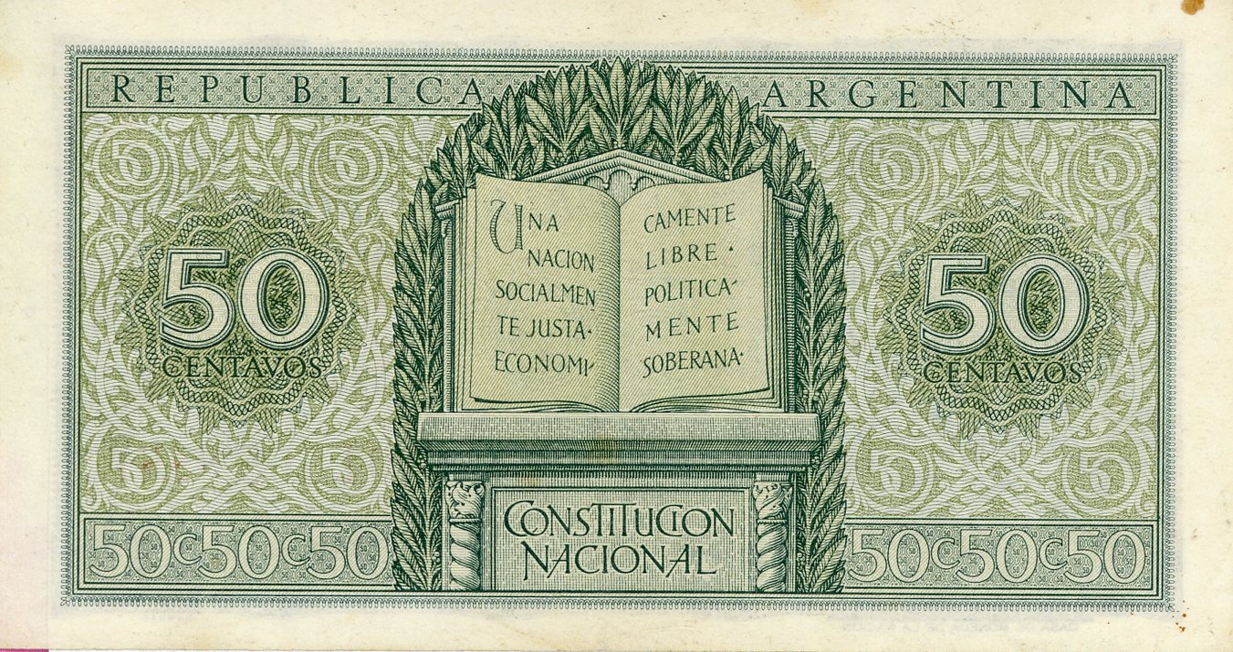 Reverso del billete de 50 centavos moneda nacional (Argentina)