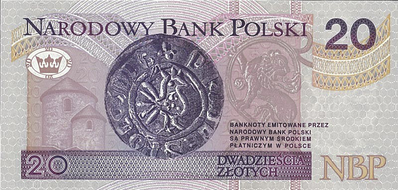 Reverso del billete de 20 zlotys (Polonia)