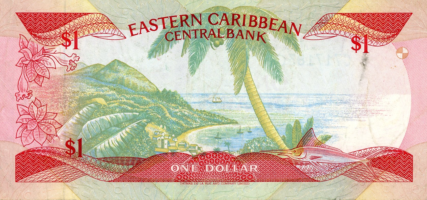 Reverso del billete de 1 dólar del Caribe Oriental (Grenada)