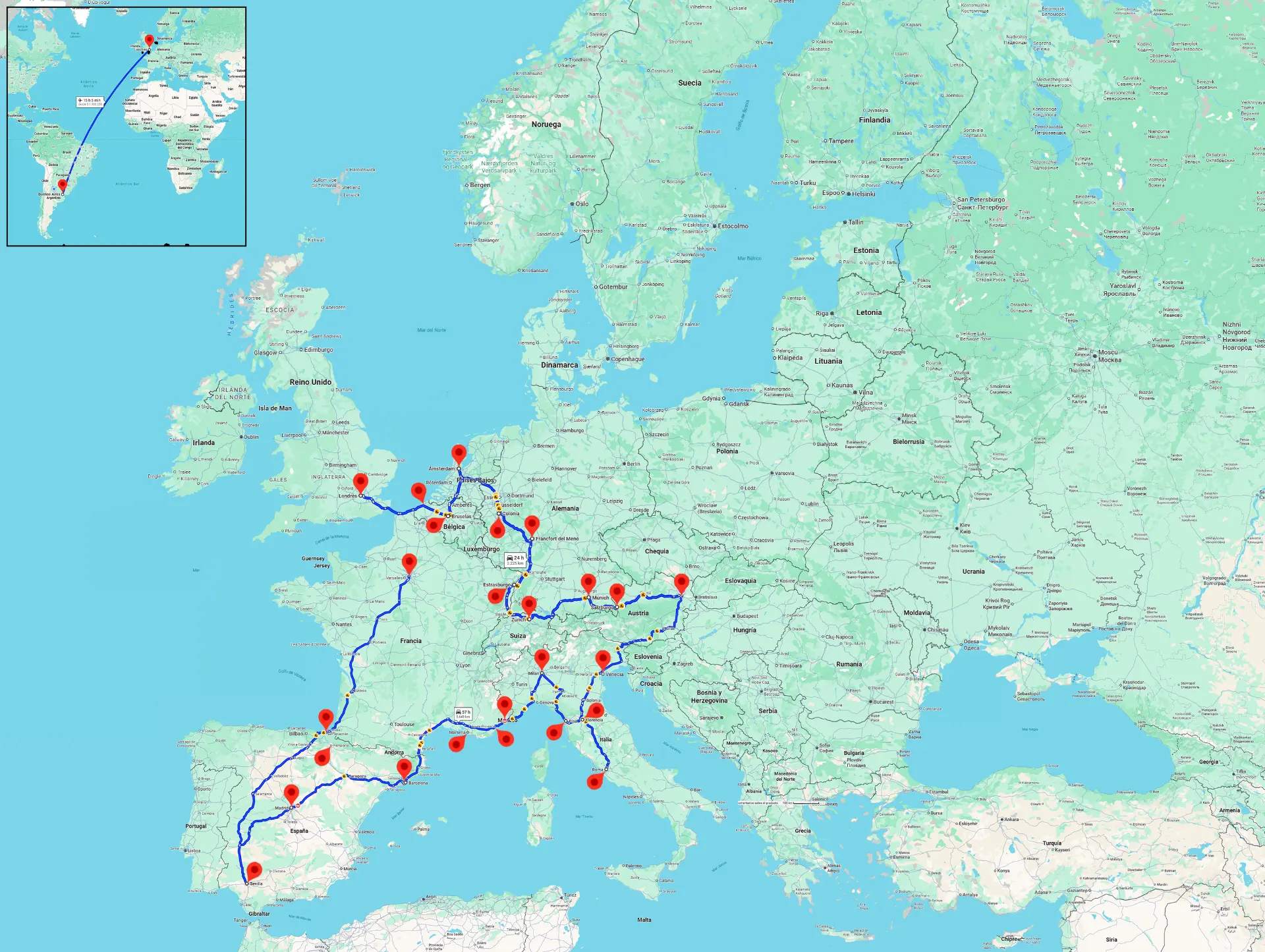 Mapa con el trazado de una de las rutas de viaje por Europa occidental