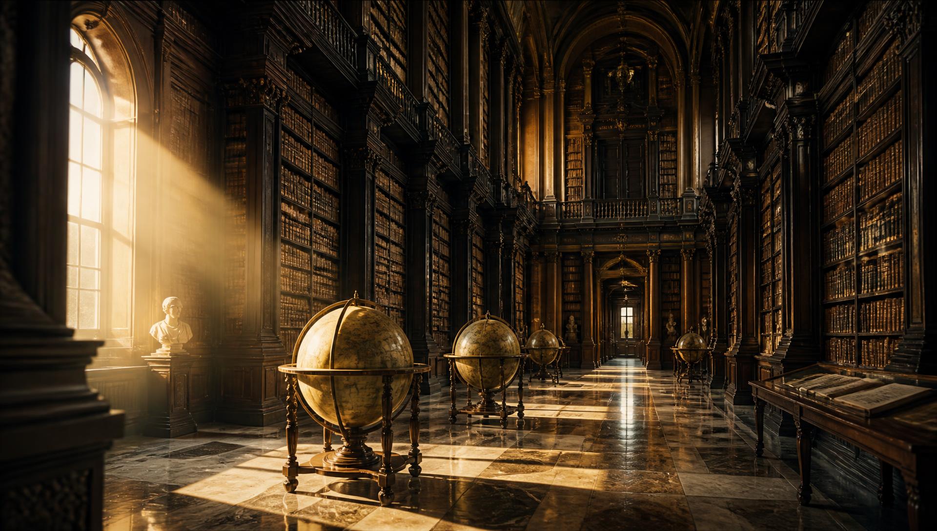 Interior de una gran biblioteca histórica europea con estanterías de madera oscura y globos terráqueos antiguos