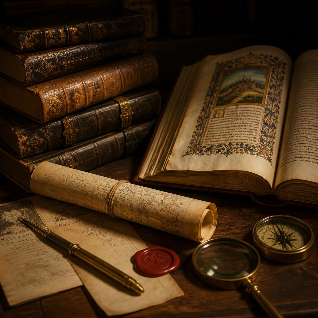 Bodegón documental: libros antiguos encuadernados en cuero, manuscrito iluminado, mapa enrollado, pluma, sello de cera, lupa y brújula sobre una mesa de madera