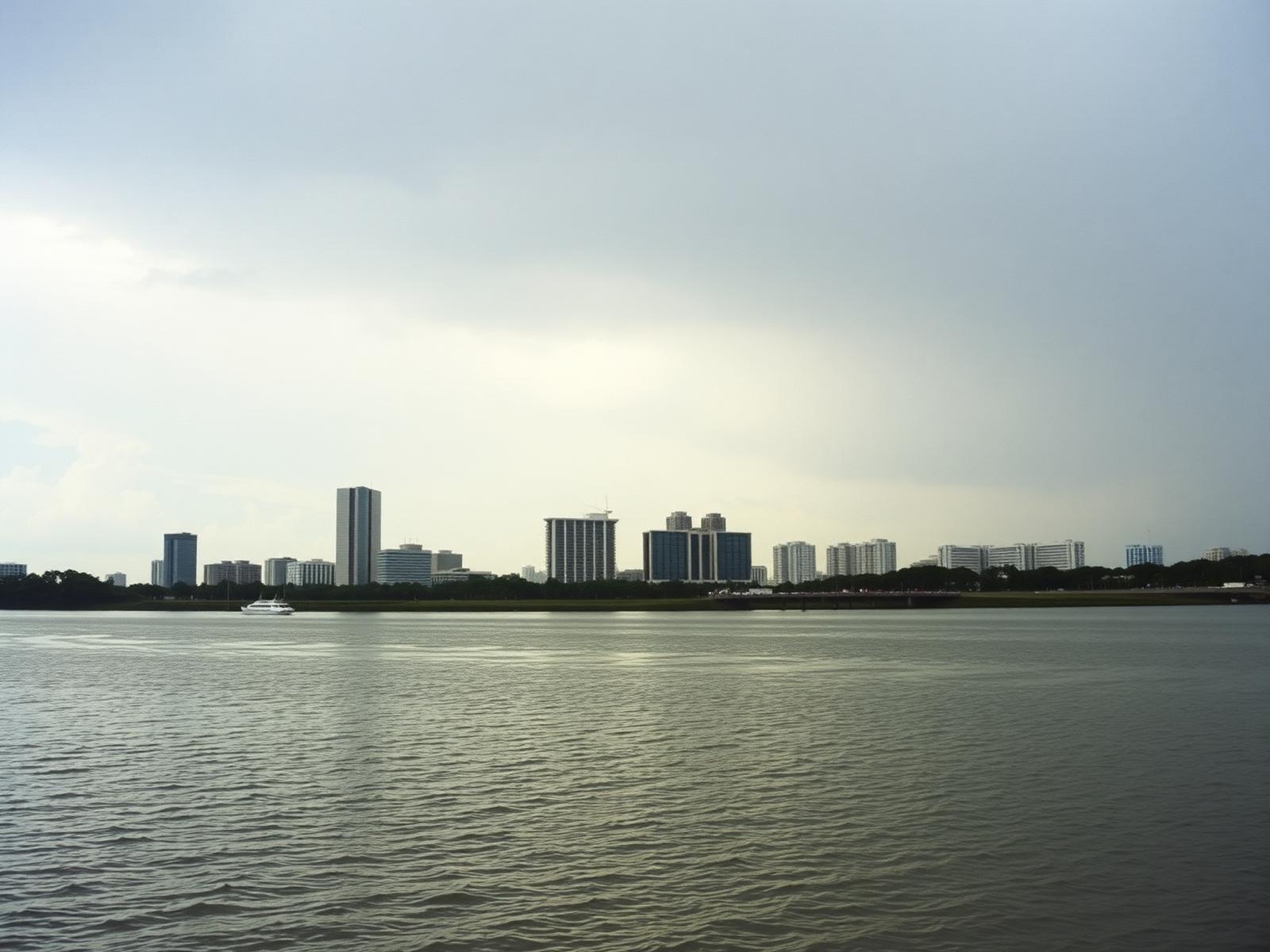 Frente costero de Porto Alegre visto desde el agua con cielo pálido