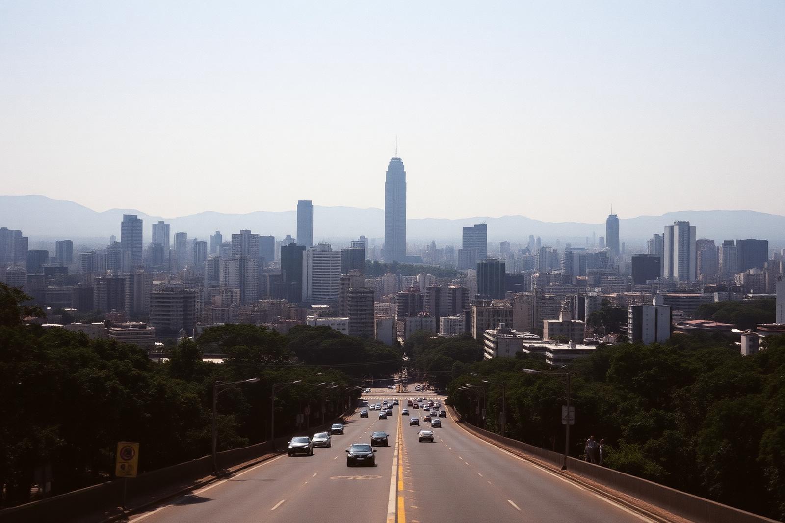 Avenida arbolada de São Paulo con la silueta de los rascacielos al fondo