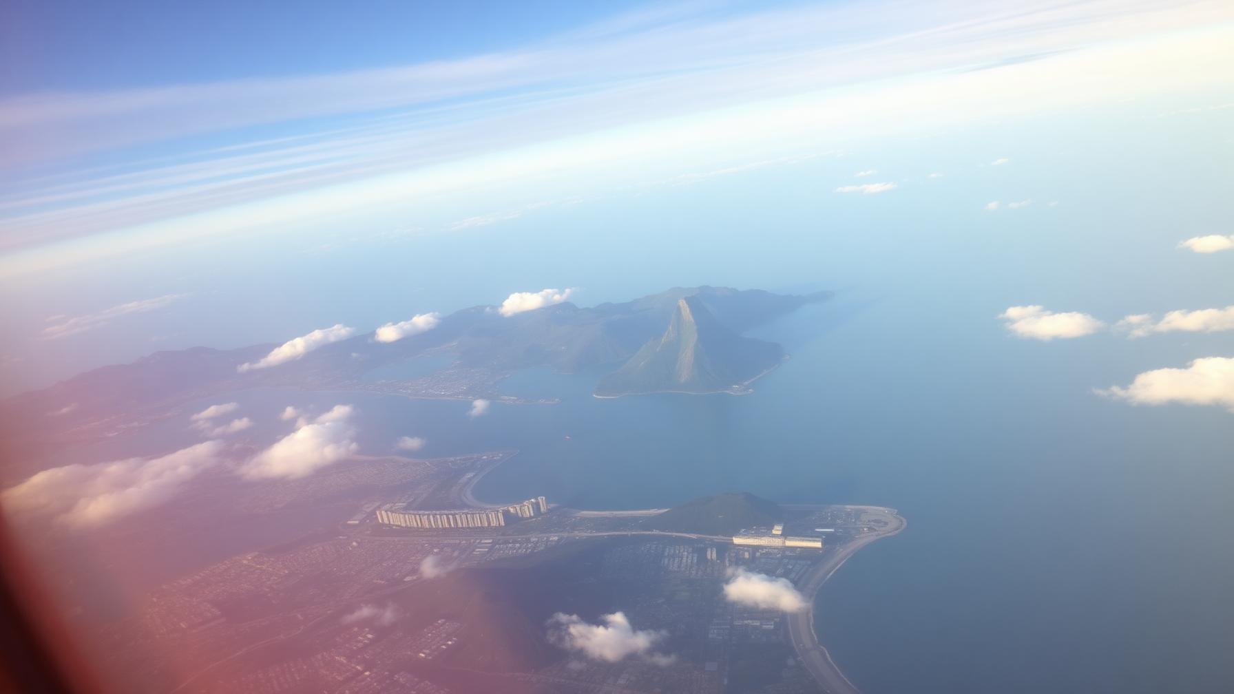 Vista aérea del litoral brasileño desde la ventanilla entre nubes