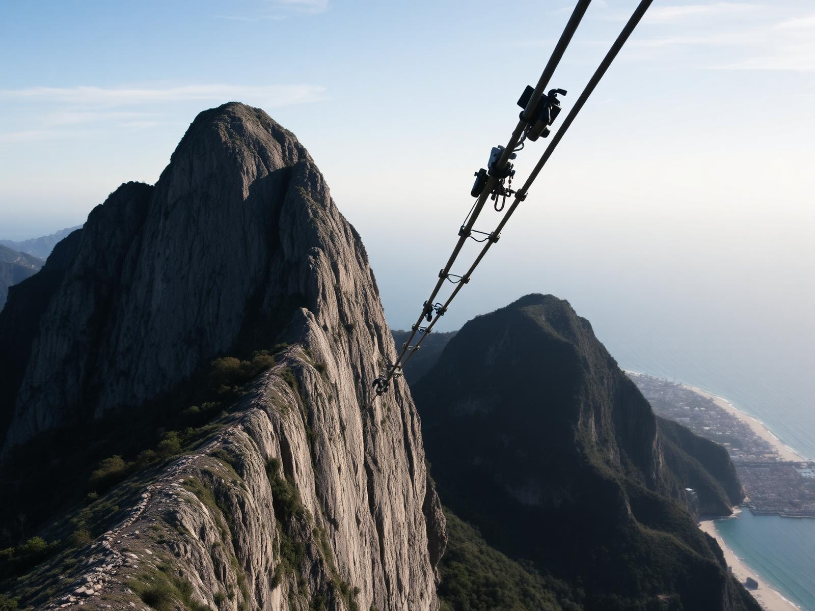 Pared rocosa del Pan de Azúcar con el cable del teleférico y la ciudad abajo