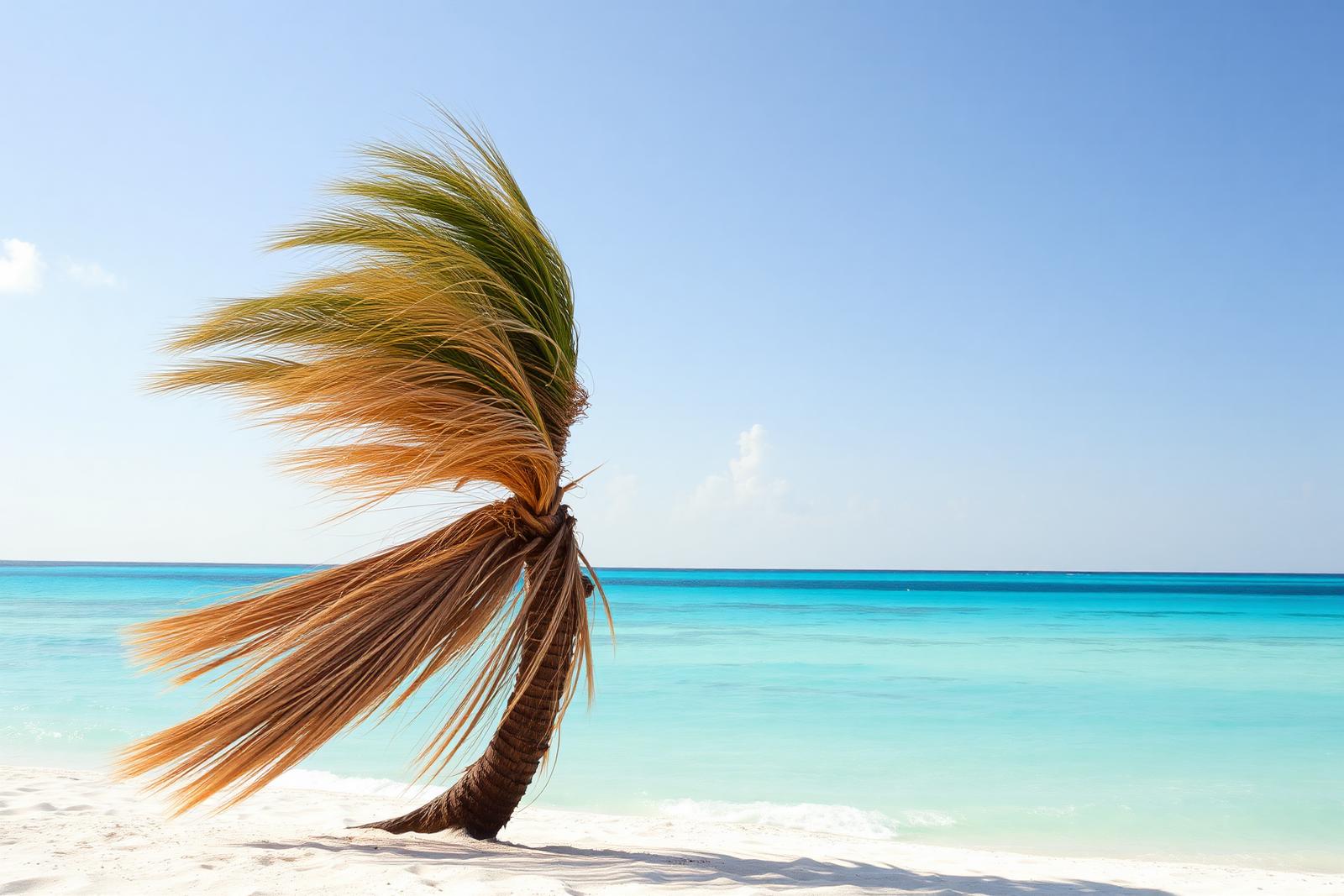 Palmera inclinada sobre una playa de arena blanca y agua turquesa en Aruba