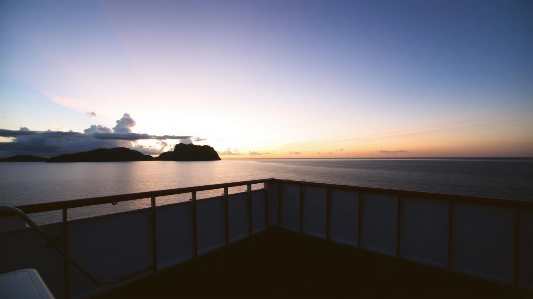 Amanecer visto desde la cubierta del barco con islas en el horizonte
