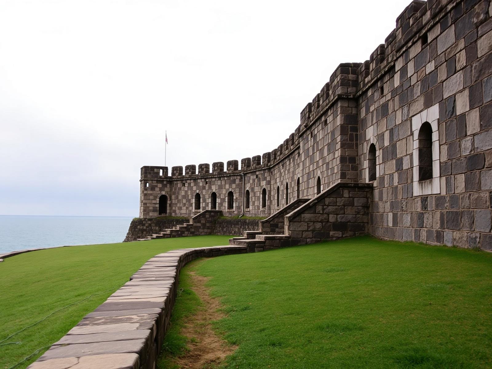 Fortaleza colonial de piedra frente al mar con explanada de césped