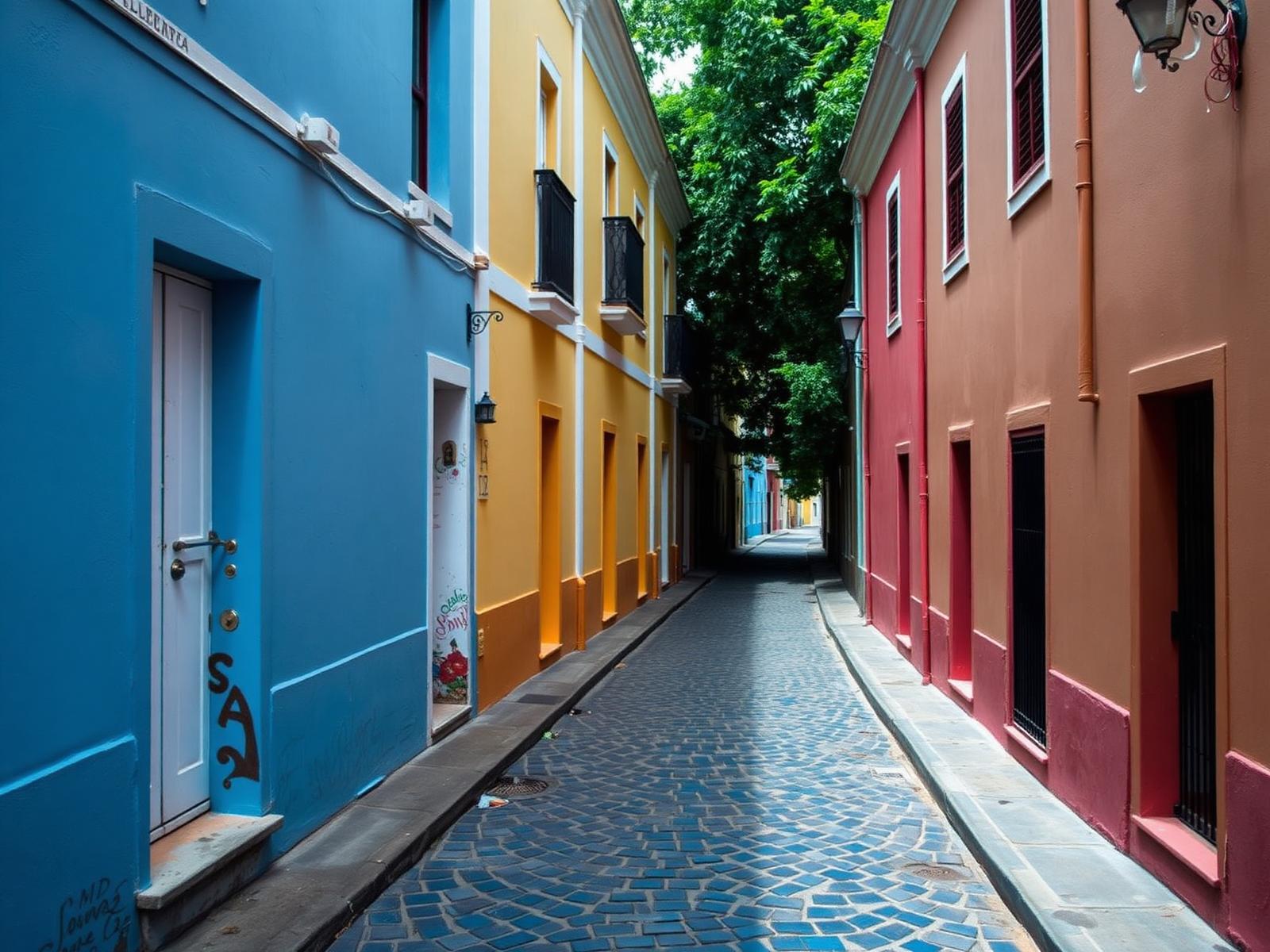 Callejón empedrado entre casas azules, amarillas y rojas del Viejo San Juan