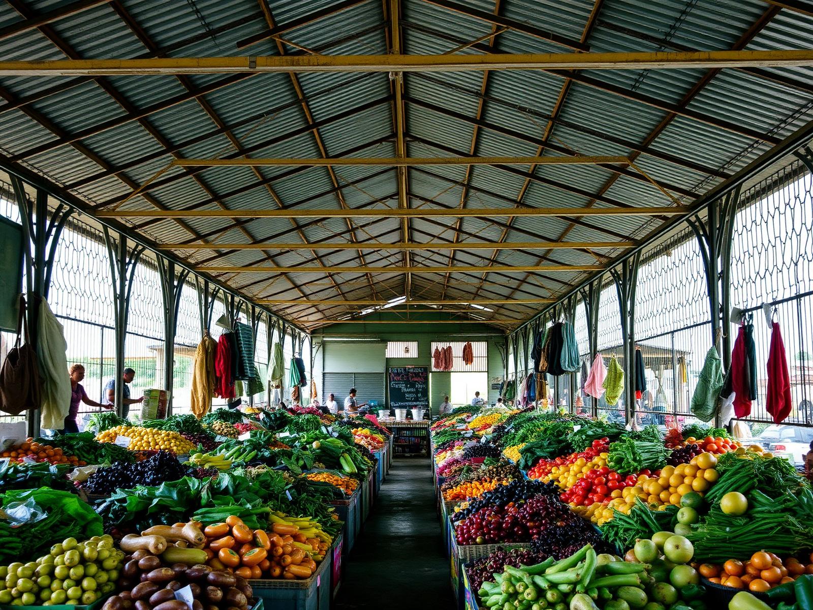 Mercado cubierto caribeño con puestos de frutas y verduras