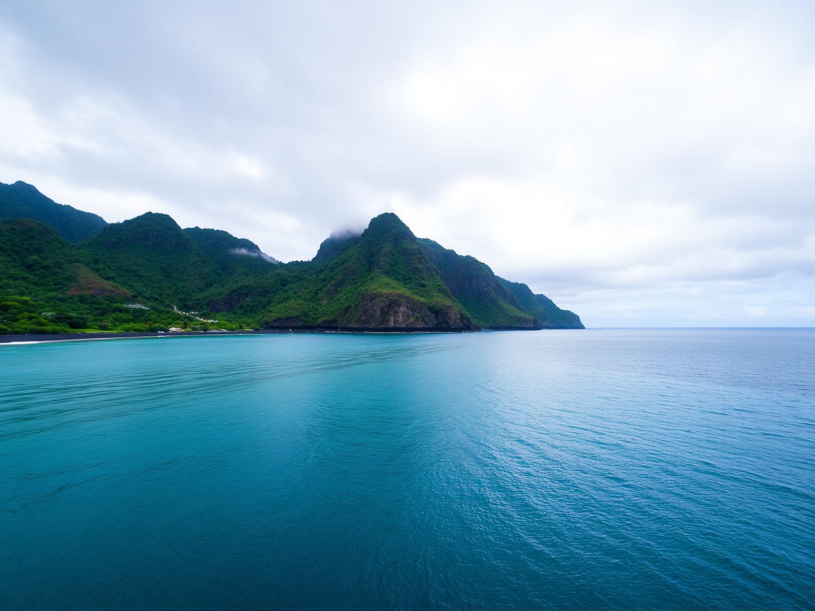Costa montañosa y verde de Martinica emergiendo del mar bajo nubes bajas