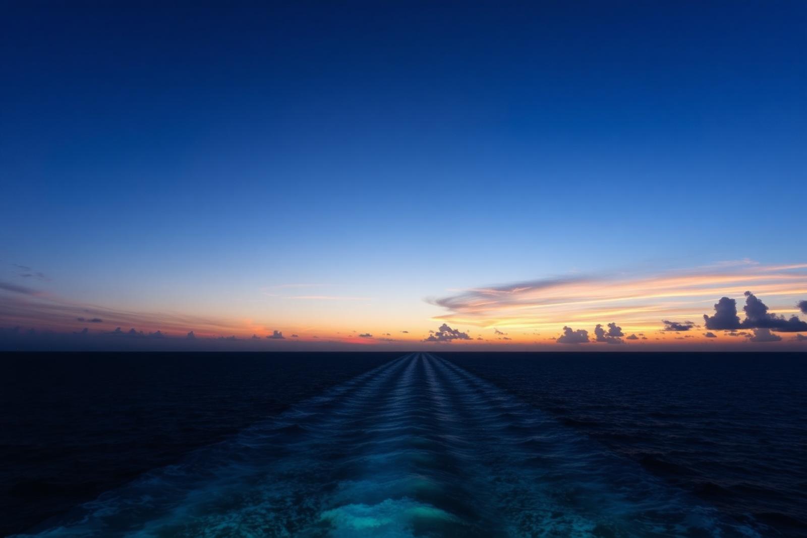 Estela del barco en mar abierto al atardecer con el cielo encendido
