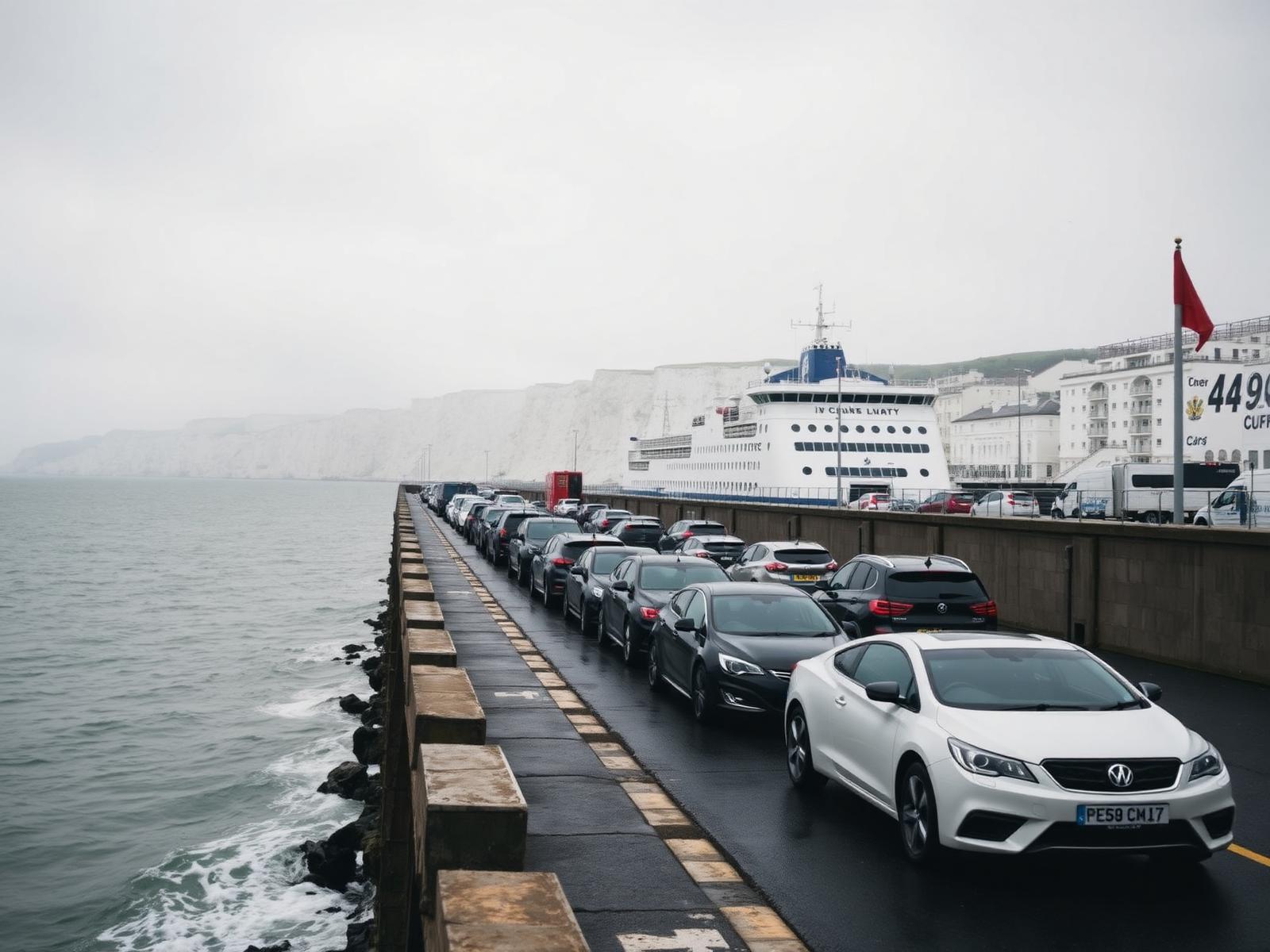 Fila de automóviles esperando el ferry frente a los acantilados de Dover