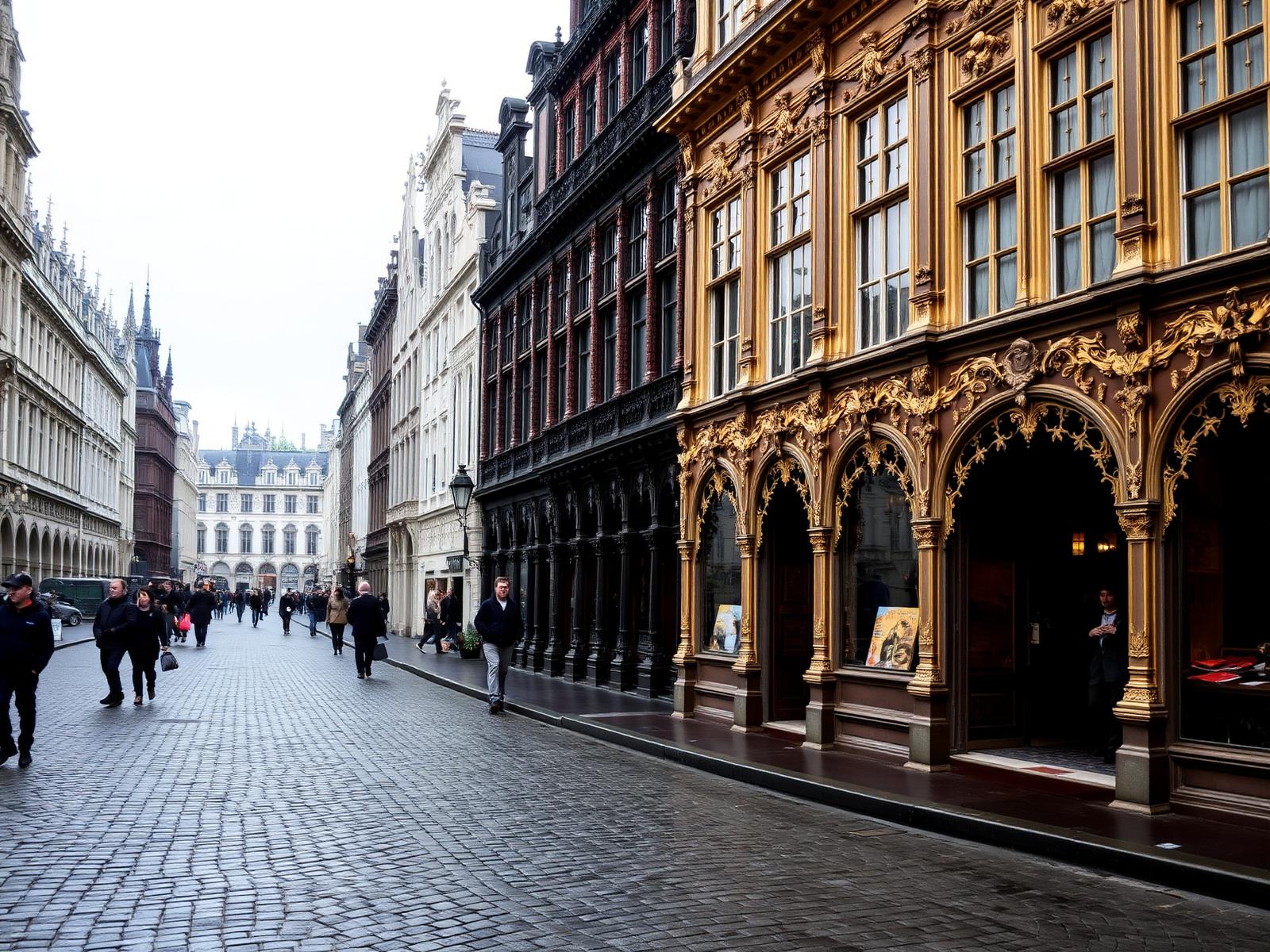 Calle empedrada del centro histórico de Bruselas con fachadas doradas