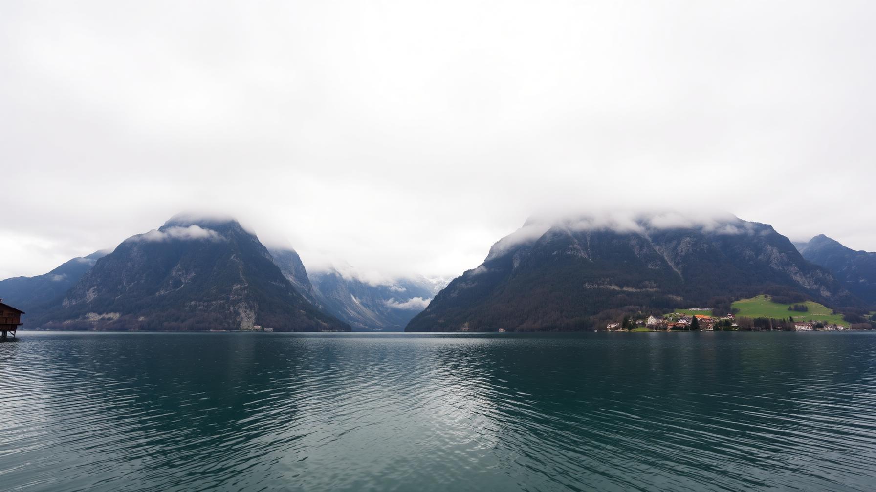 Lago alpino en calma con montañas cubiertas de nubes bajas