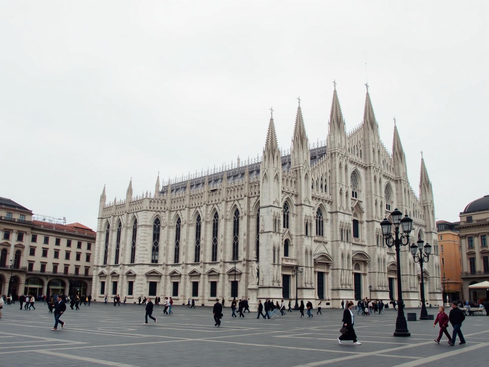 Fachada del Duomo de Milán y su plaza con transeúntes