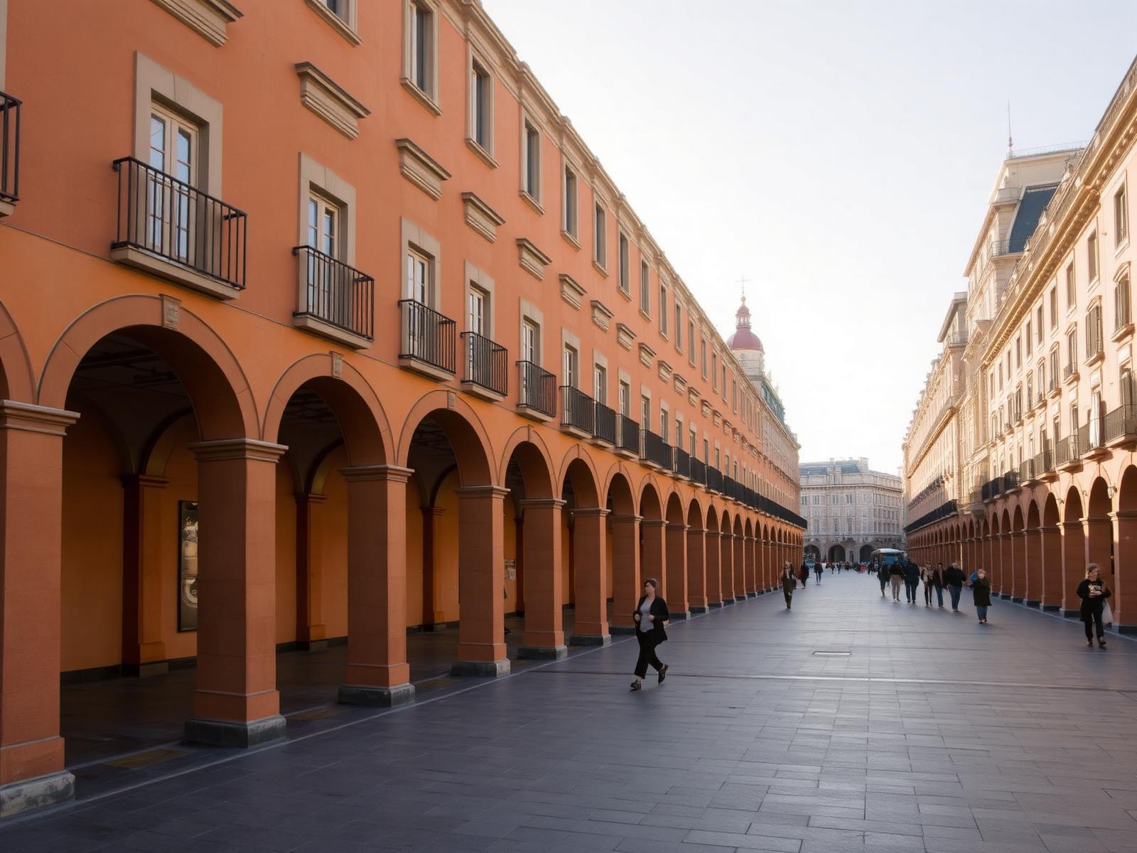 Galería de arcos de la Plaza Mayor de Madrid en una mañana despejada